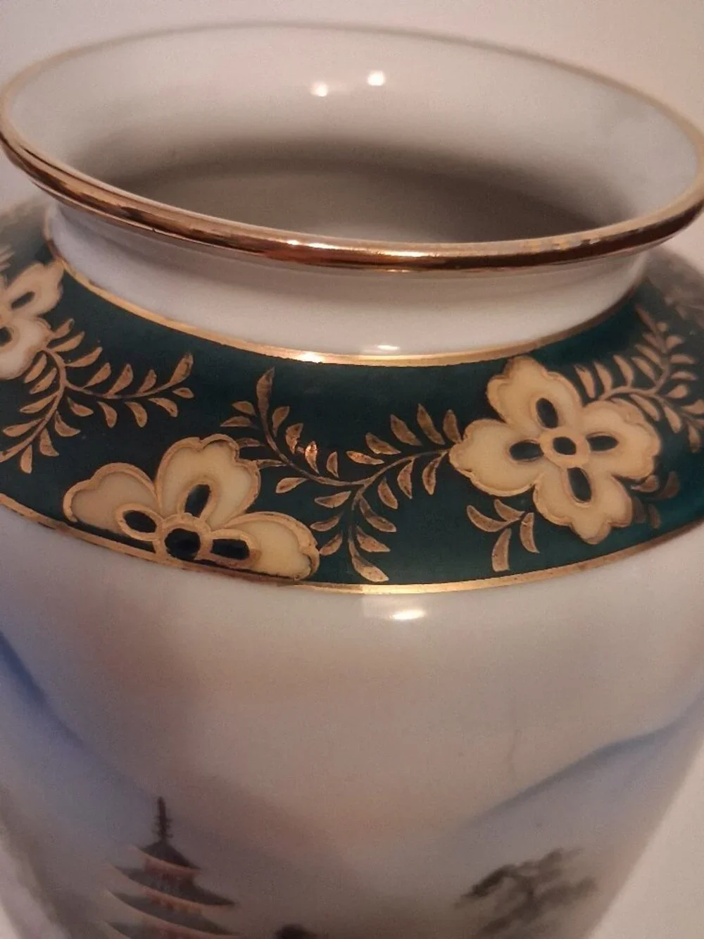 Vintage Hand-Painted Japanese Vase Pagoda & Cherry Blossom & Mountains Gold Trim
